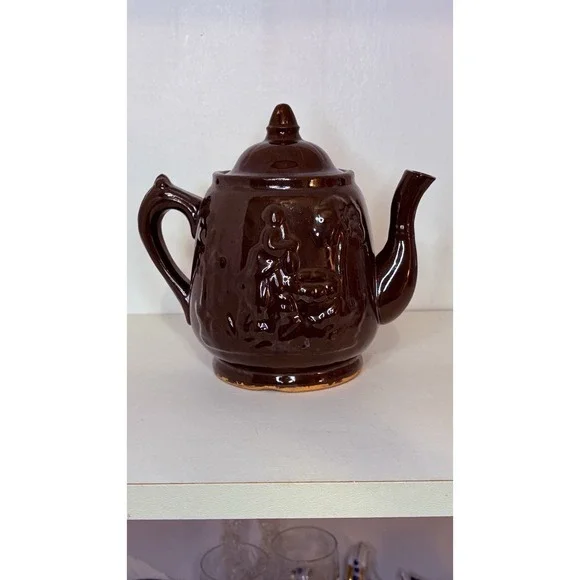 Rockingham Teapot-Rebecca at the Well Relief Raised Clay Brown Glaze Antique 7" - Picture 1 of 16